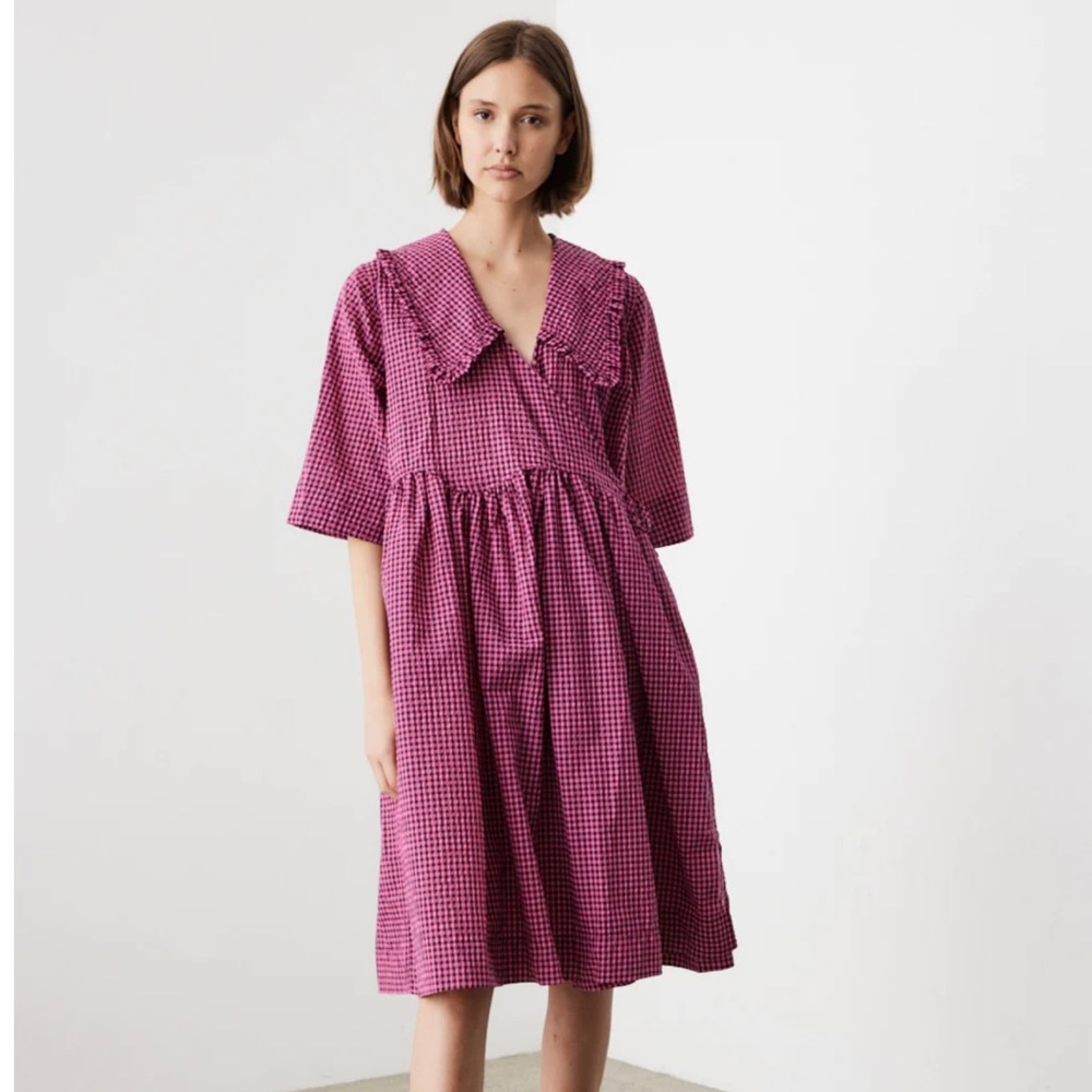 GANNI Pink Seersucker Gingham Wrap Midi Dress